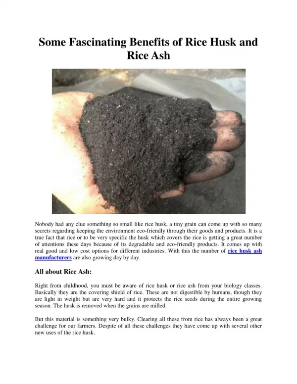Some Fascinating Benefits of Rice Husk and Rice Ash