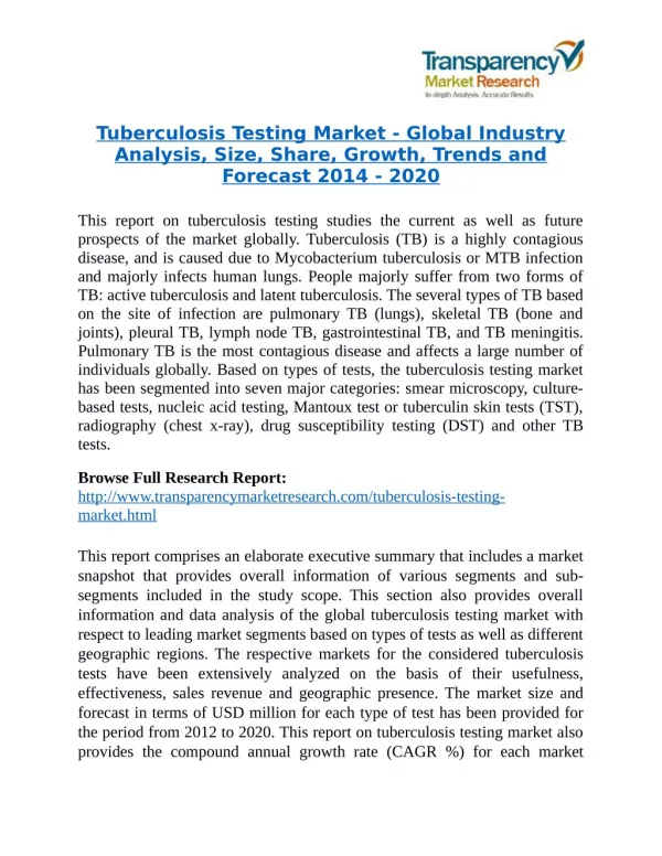 Tuberculosis Testing Market - Positive long-term growth outlook 2020