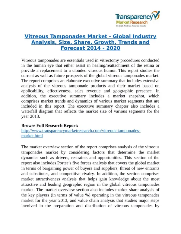 Vitreous Tamponades Market will rise to US$ 77.5 Billion by 2020