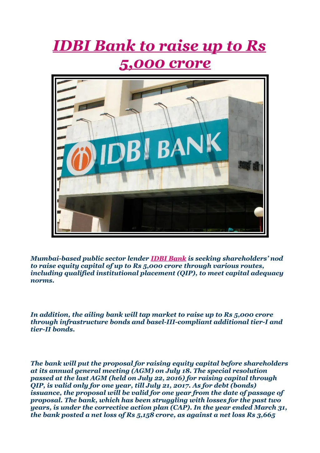 idbi bank to raise up to rs 5 000 crore