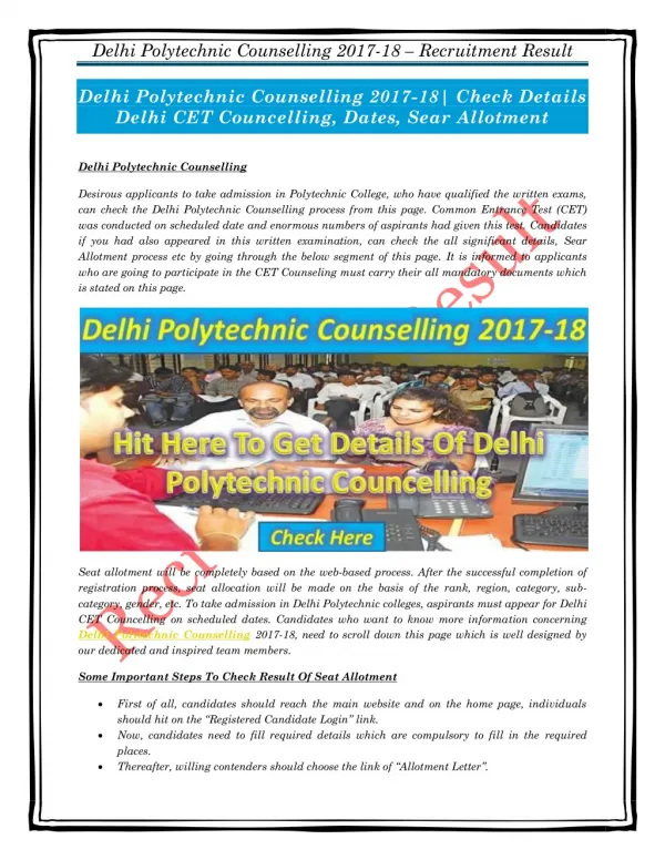 Delhi Polytechnic Counselling 2017-18| Check Details Delhi CET Councelling, Dates, Sear Allotment