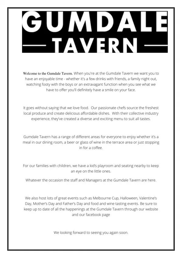 Menu | Gumdale Tavern Bar and Restaurant