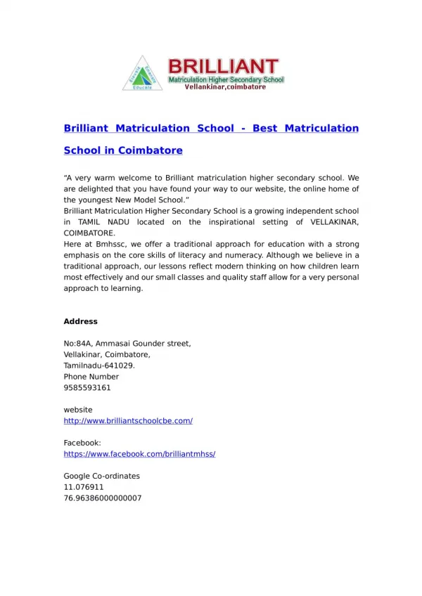 Matriculation school in Coimbatore, Vellakinar, Thudiyalur & Saravanampatti | Brilliant Matriculation School