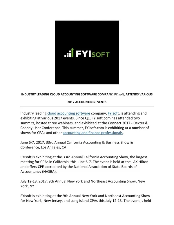 INDUSTRY LEADING CLOUD ACCOUNTING SOFTWARE COMPANY, FYIsoft, ATTENDS VARIOUS 2017 ACCOUNTING EVENTS