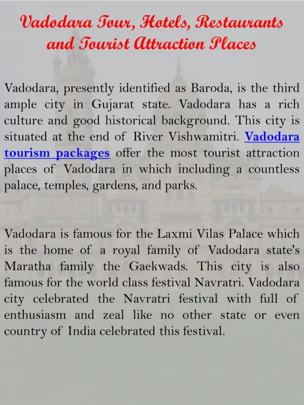 Vadodara Tour, Hotels, Restaurants and Tourist Attraction Places