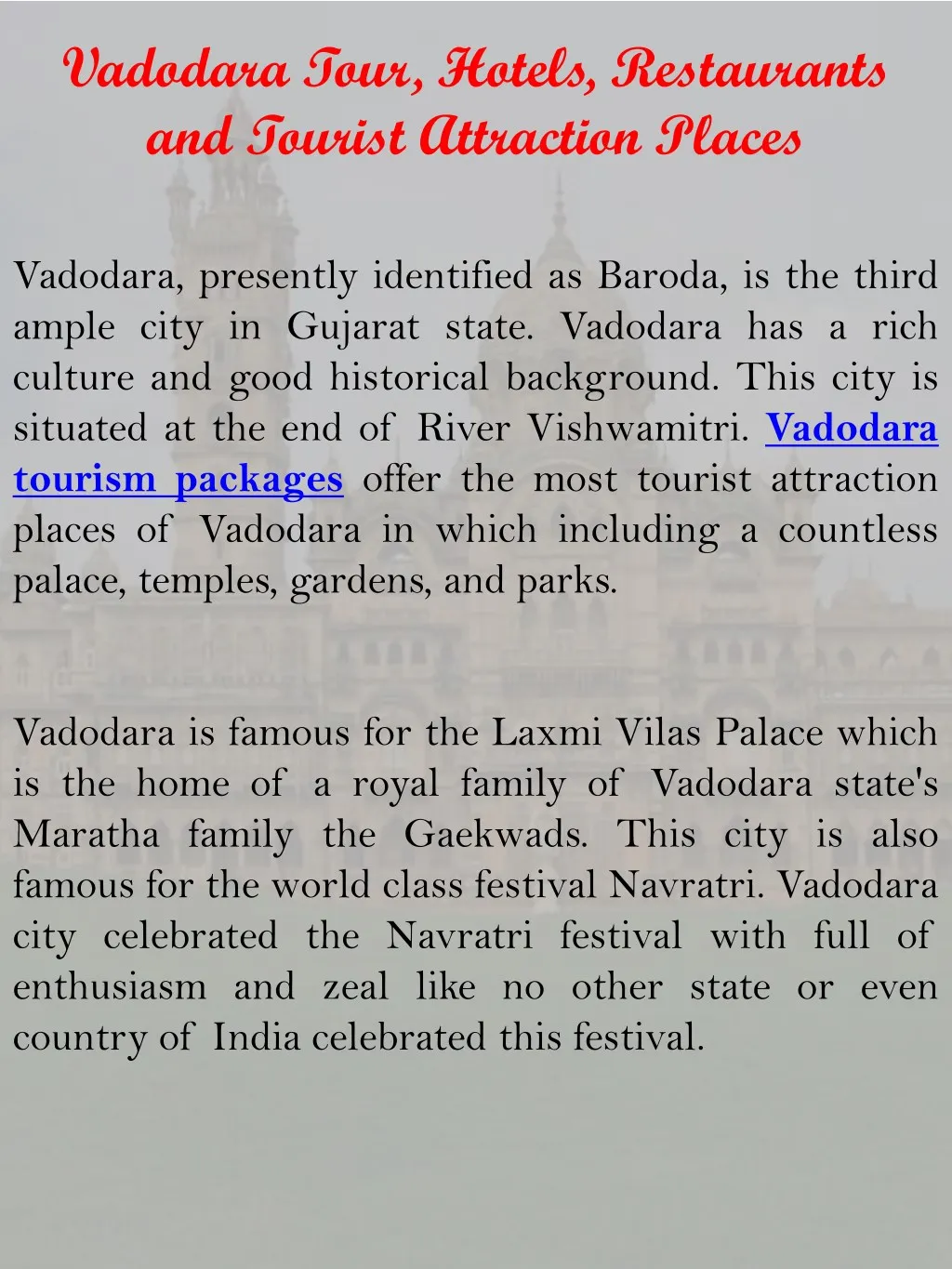 vadodara tour hotels restaurants and tourist