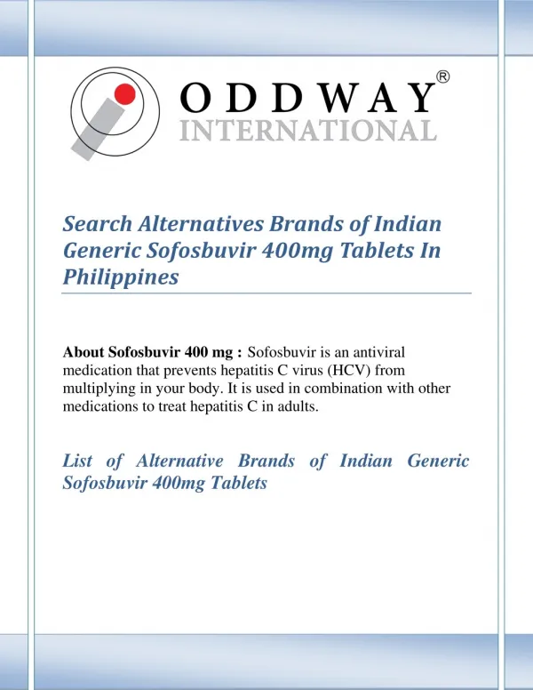 Find Alternatives Brands of Indian Generic Sofosbuvir 400mg Tablets