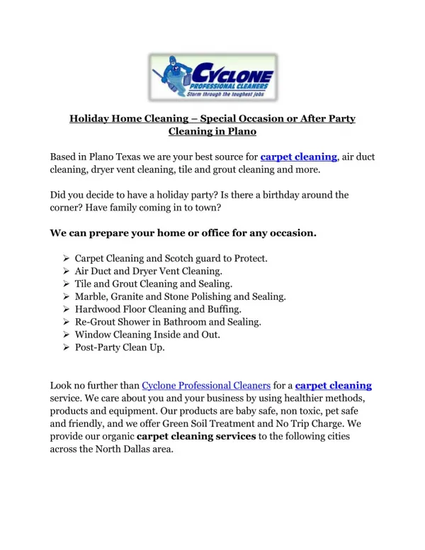 Holiday Home Cleaning – Special Occasion or After Party Cleaning in Plano