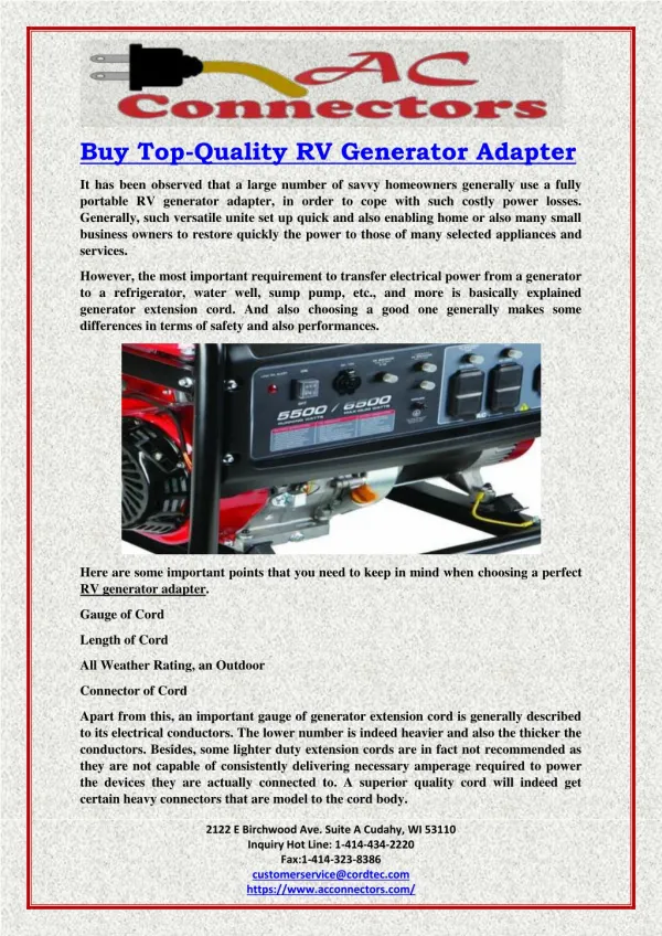Buy Top-Quality RV Generator Adapter