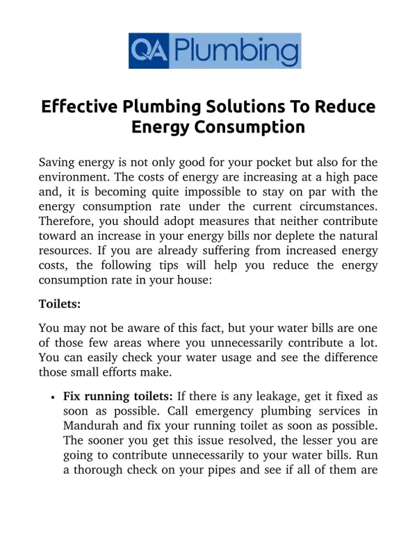 Effective Plumbing Solutions To Reduce Energy Consumption