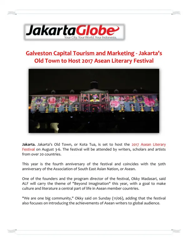Galveston Capital Tourism and Marketing - Jakarta’s Old Town to Host 2017 Asean Literary Festival