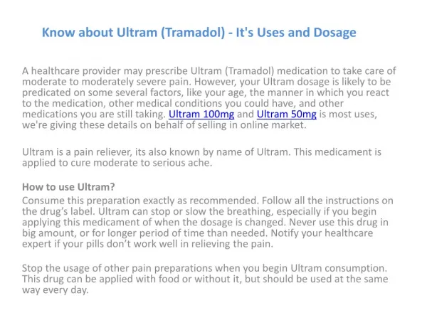 Know about Ultram (Tramadol) - It's Uses and Dosage