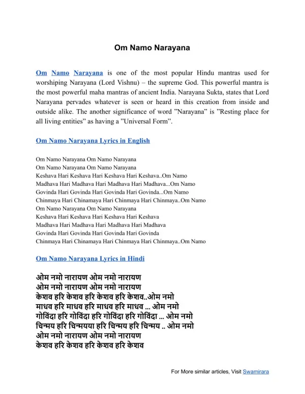 Om Namo Narayana - Lyrics and Meanins