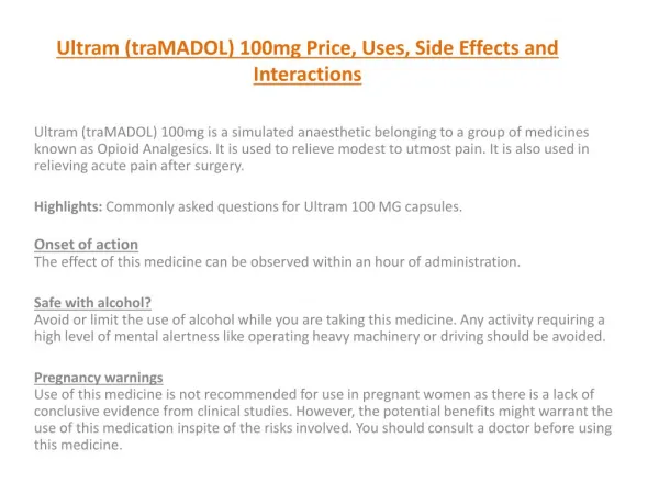Ultram (traMADOL) 100mg Price, Uses, Side Effects and Interactions