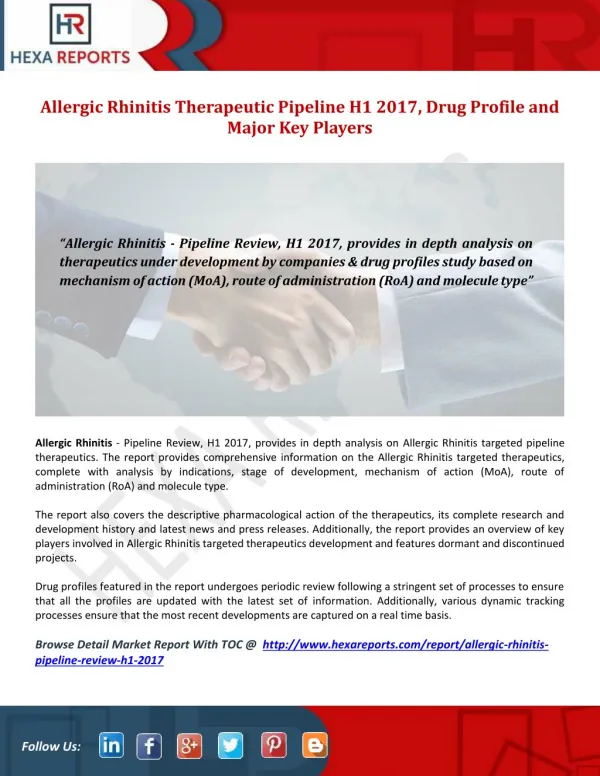 Allergic Rhinitis Therapeutic Pipeline H1 2017, Drug Profile and Major Key Players