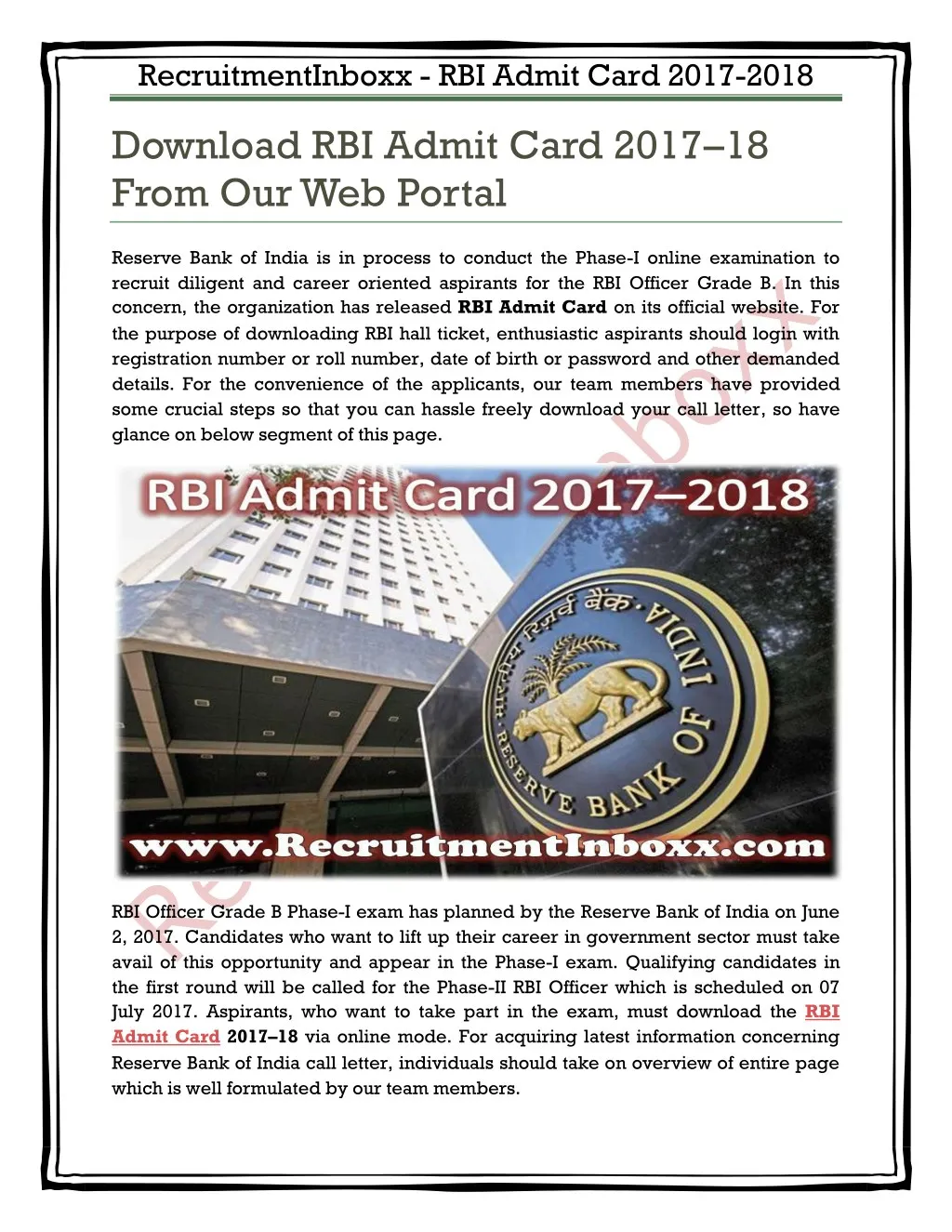 recruitmentinboxx rbi admit card 2017 2018