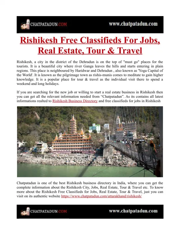 Rishikesh Free Classifieds For Jobs, Real Estate, Tour & Travel