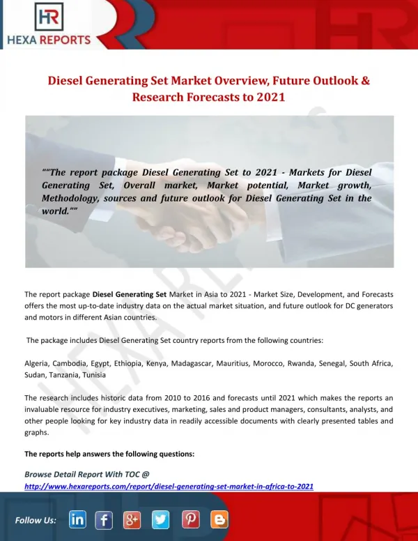 Diesel generating set market overview, future outlook and research forecasts to 2021