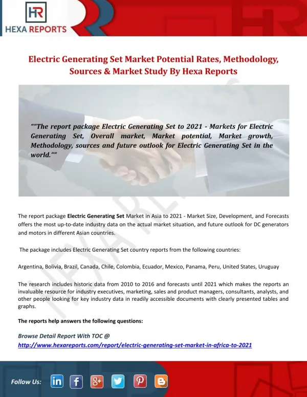 Electric generating set market potential rates, methodology, sources and market study by hexa reports