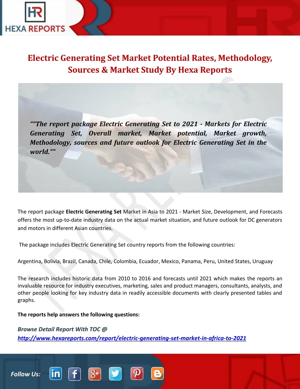 electric generating set market potential rates