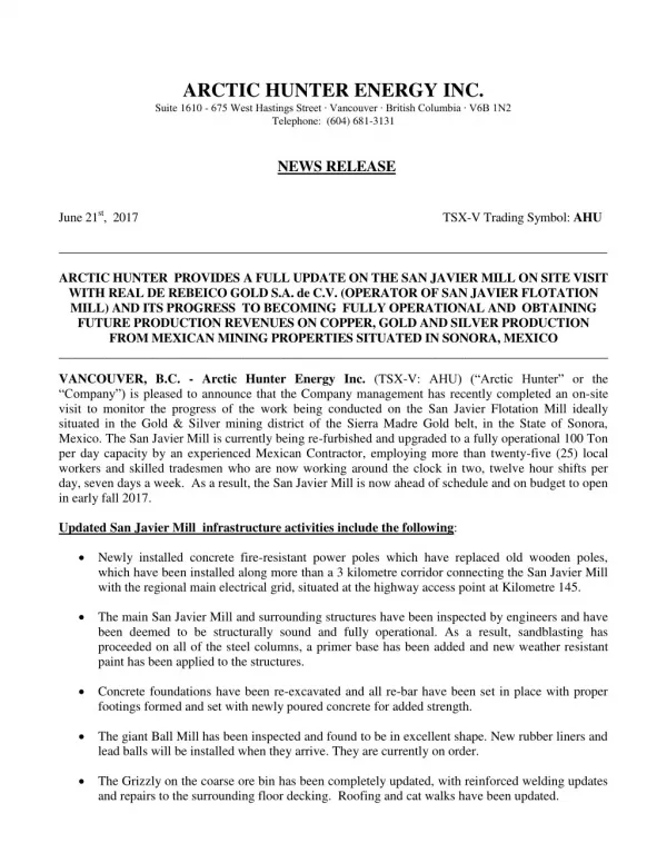 Arctic Hunter Energy Inc. (TSX-V: AHU) NEWS RELEASE on June 21st, 2017