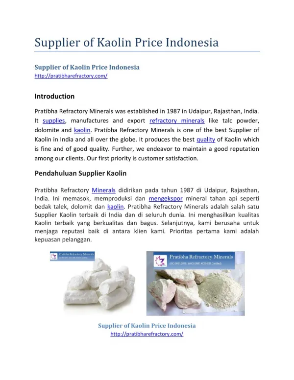 Supplier of Kaolin Price Indonesia