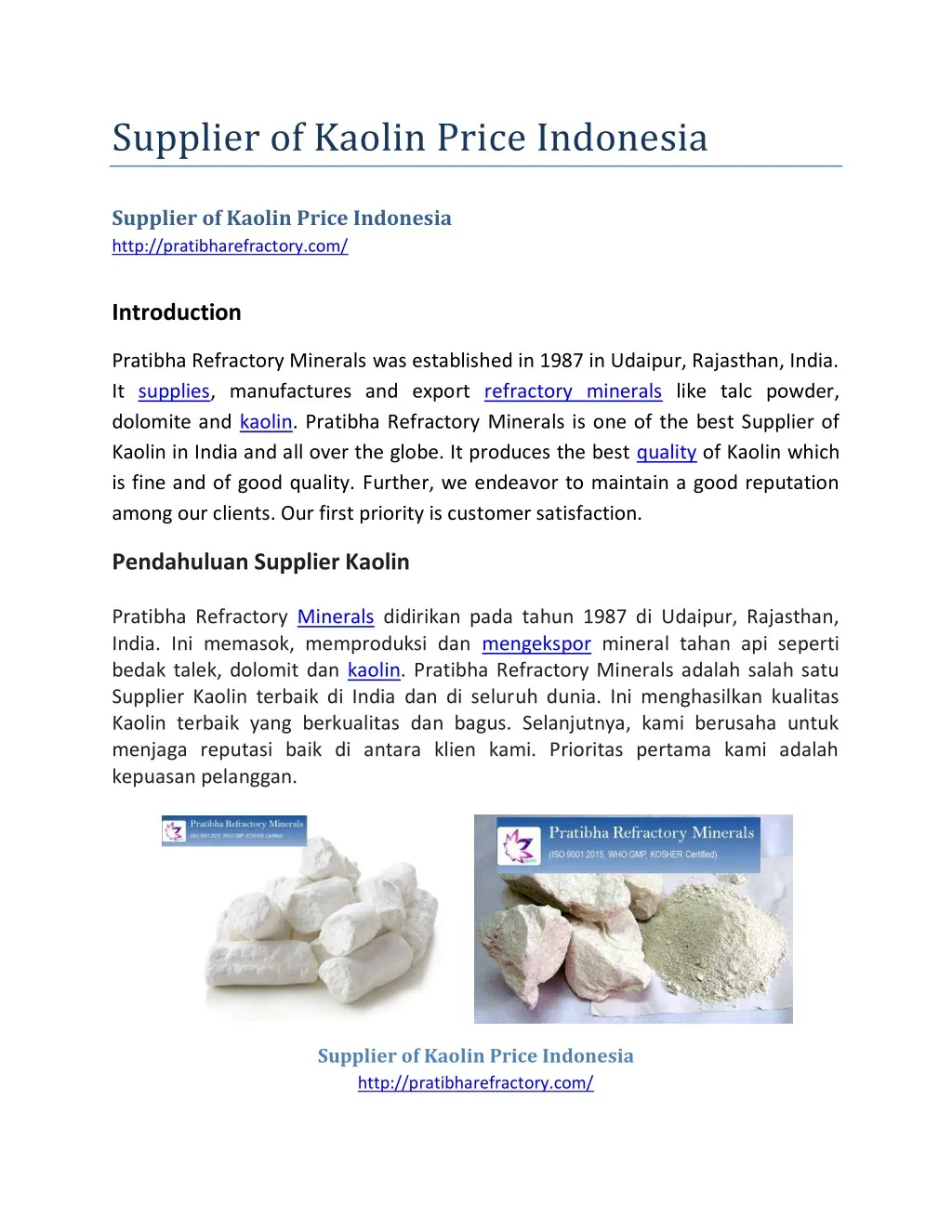 supplier of kaolin price indonesia