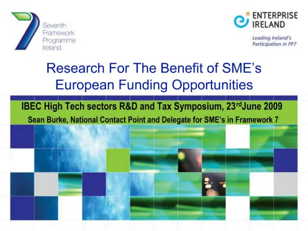 Research For The Benefit of SME s European Funding Opportunities