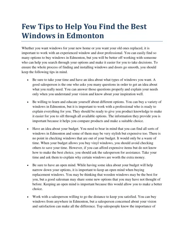 Few Tips to Help You Find the Best Windows in Edmonton