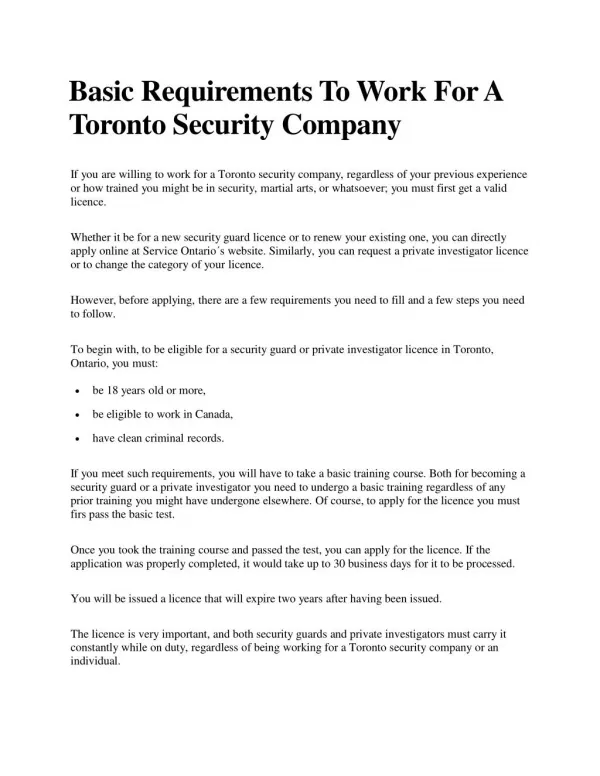 Basic Requirements To Work For A Toronto Security Company