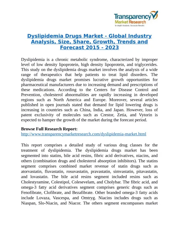 Dyslipidemia Drugs Market Research Report Forecast to 2023