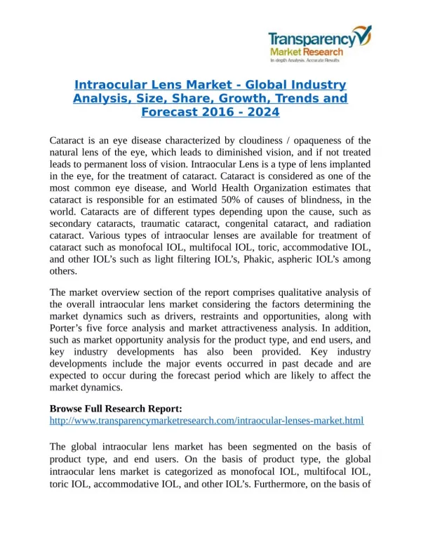 Intraocular Lens Market - Positive long-term growth outlook 2024