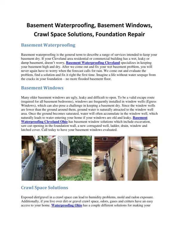 Basement Waterproofing, Basement Windows, Crawl Space Solutions, Foundation Repair