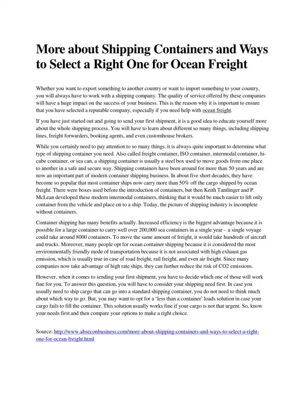 More about Shipping Containers and Ways to Select a Right One for Ocean Freight