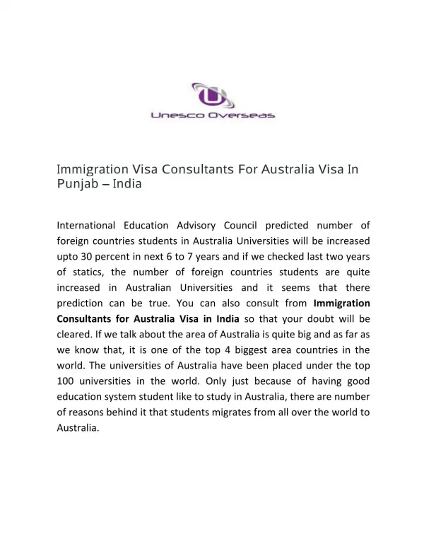 Immigration Visa Consultants For Australia Visa In Punjab - India