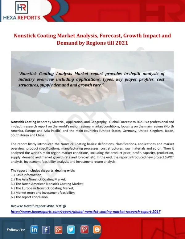 Nonstick Coating Market Analysis, Forecast, Growth Impact and Demand by Regions till 2021