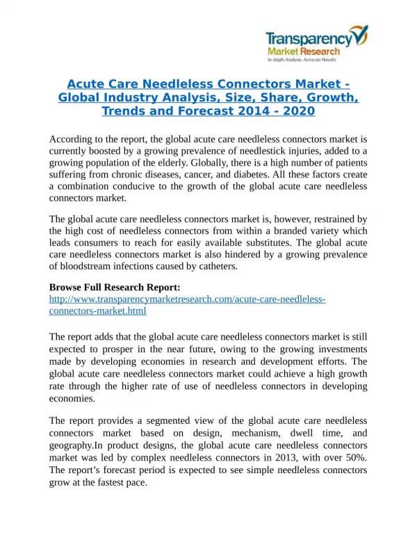 Acute Care Needleless Connectors Market will rise to US$ 972 Million by 2020