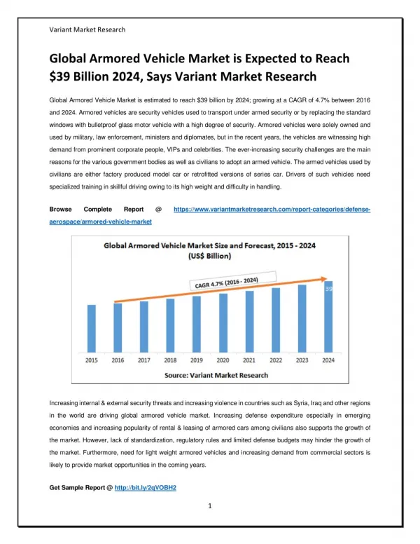 Global Armored Vehicle Market is Expected to Reach $39 Billion 2024, Says Variant Market Research