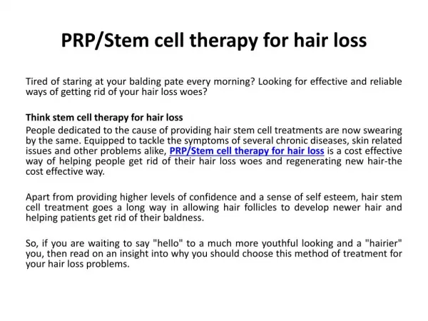 Smart Hair Stem Cell Therapy Alleviates Your Concerns for Hair Loss