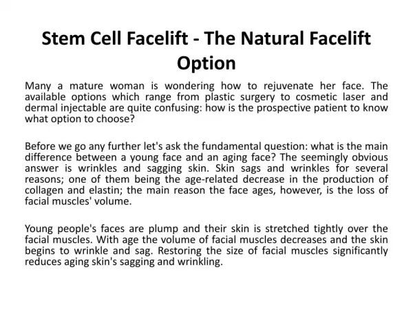 Stem Cell Facelift - The Natural Facelift Option