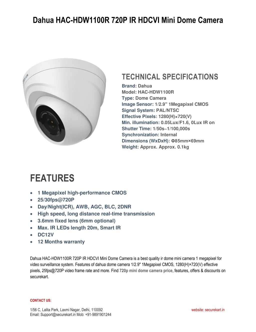 dahua hac hdw1100r 720p ir hdcvi mini dome camera