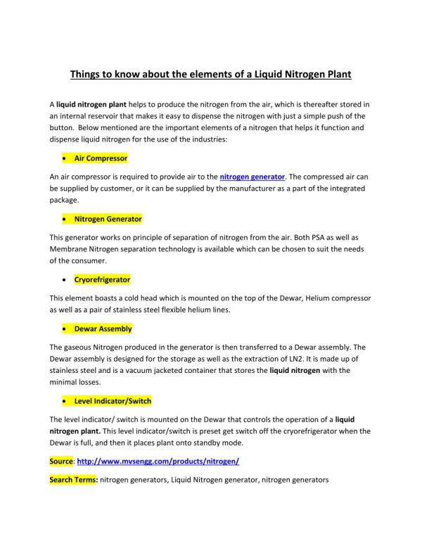 Things to know about the elements of a Liquid Nitrogen Plant