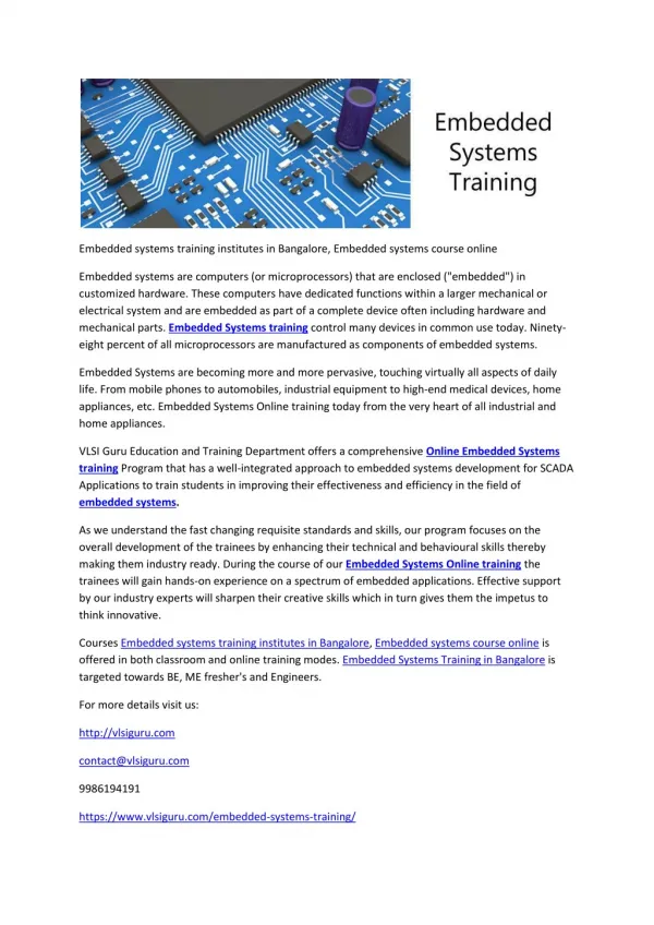 Embedded systems training institutes in Bangalore, Embedded systems course online