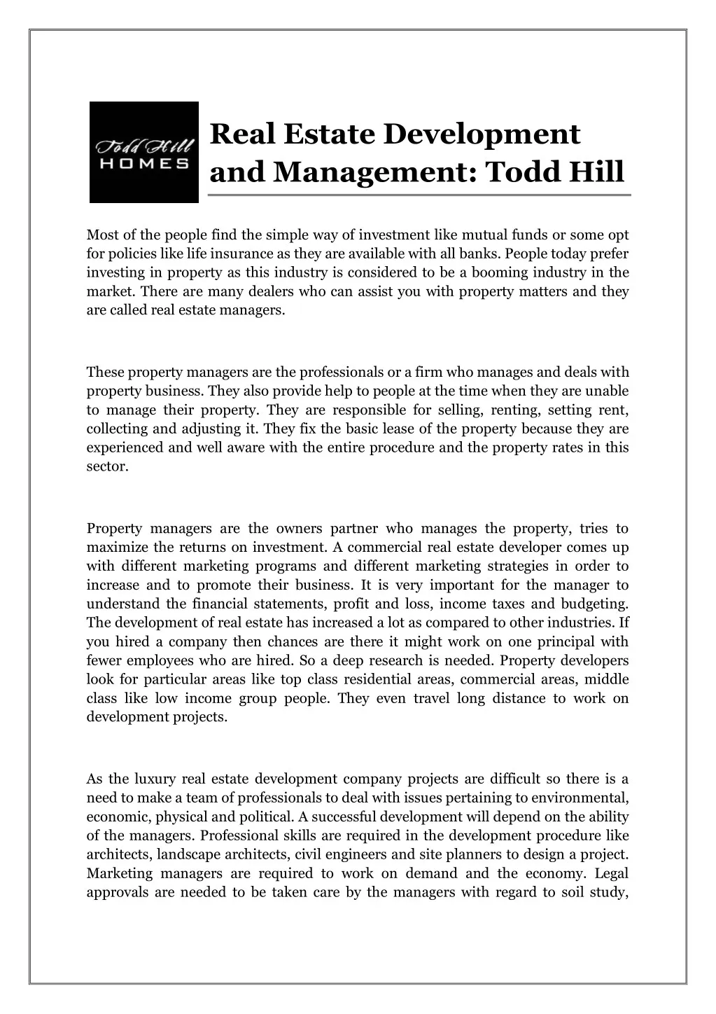 real estate development and management todd hill