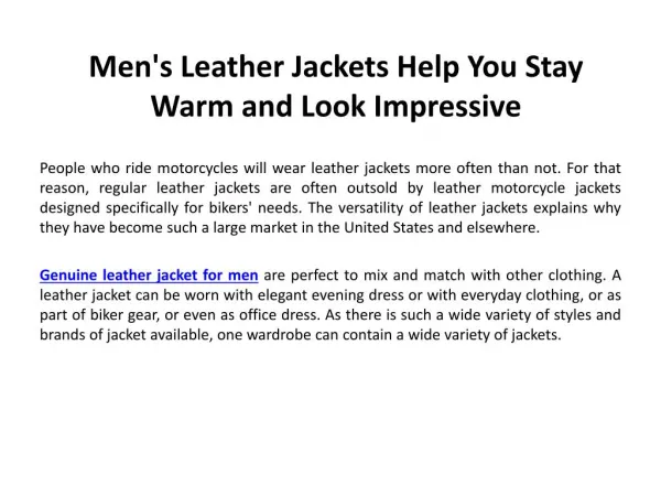 Men's Leather Jackets Help You Stay Warm and Look Impressive