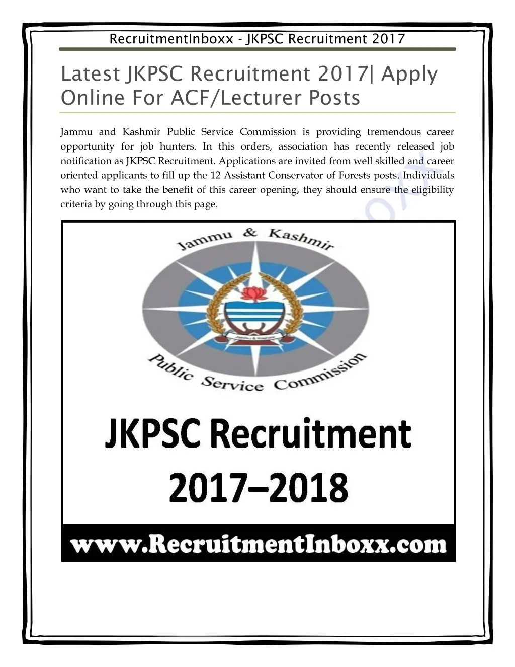 recruitmentinboxx jkpsc recruitment 2017