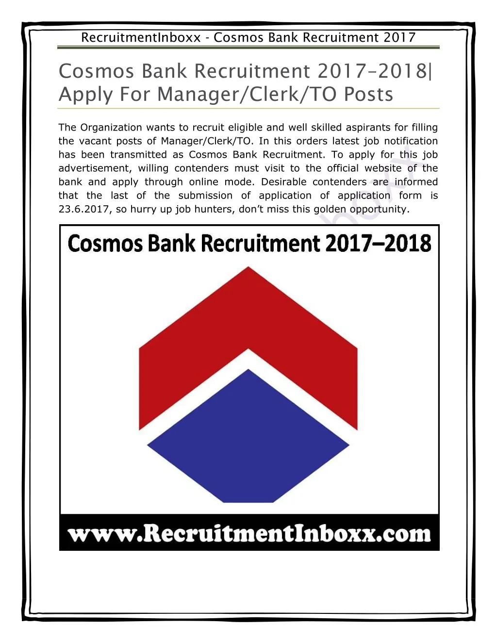 recruitmentinboxx cosmos bank recruitment 2017