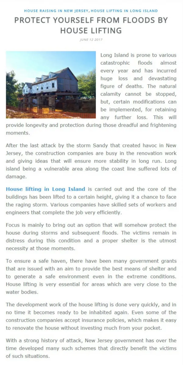 Protect Yourself From Floods by House Lifting