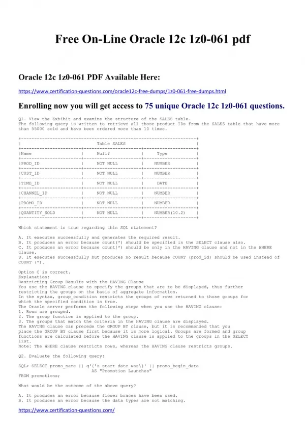 Free On-Line Oracle 12c 1z0-061