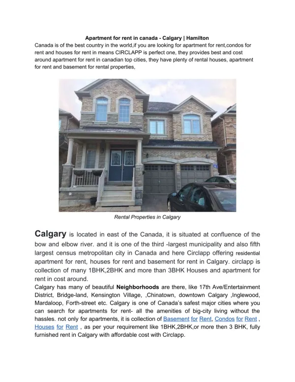 Apartment for rent in canada - Calgary | Hamilton
